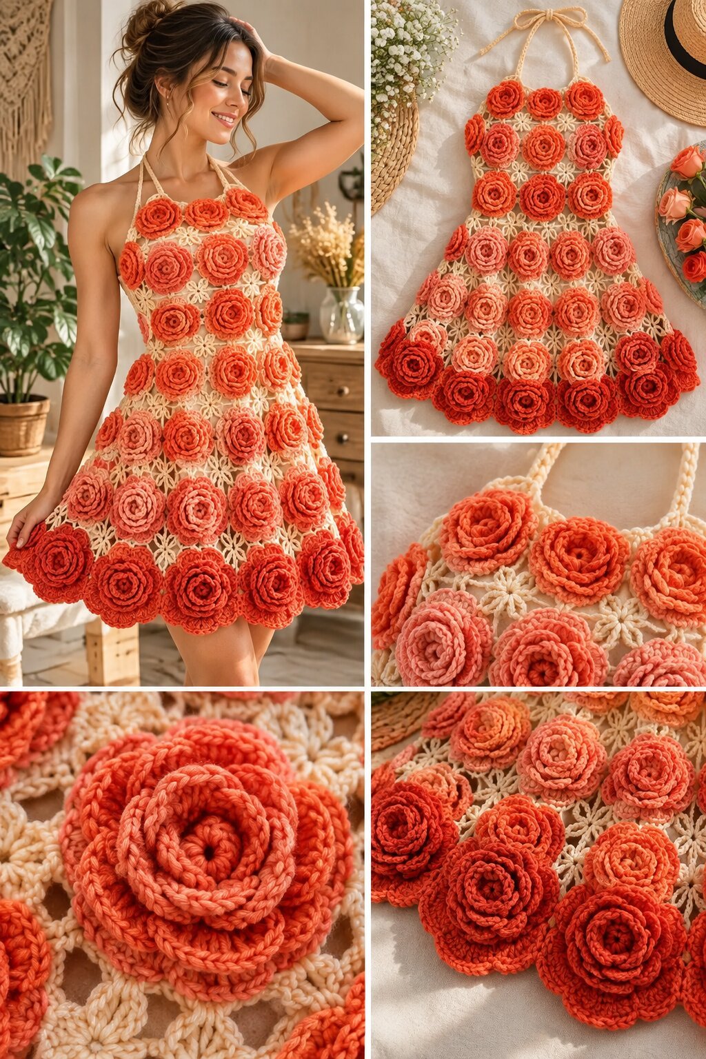 Coral Sunset Floral Halter Dress Free Crochet Pattern