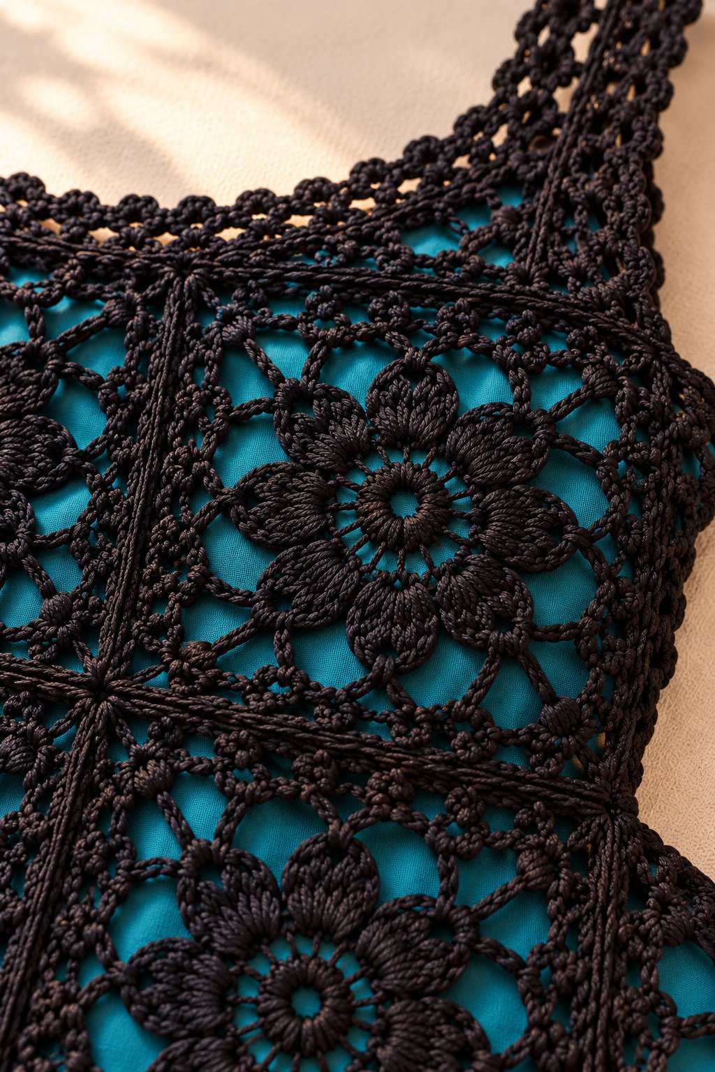Close-up of black crochet lace floral motifs and openwork over a teal underlayer