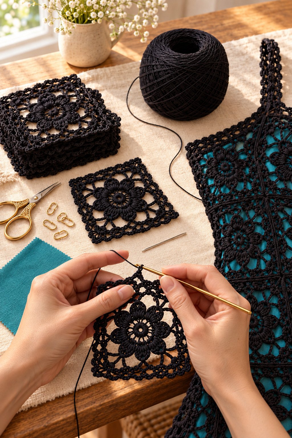 Hands crocheting a black floral lace motif beside joined dress motifs and teal lining fabric