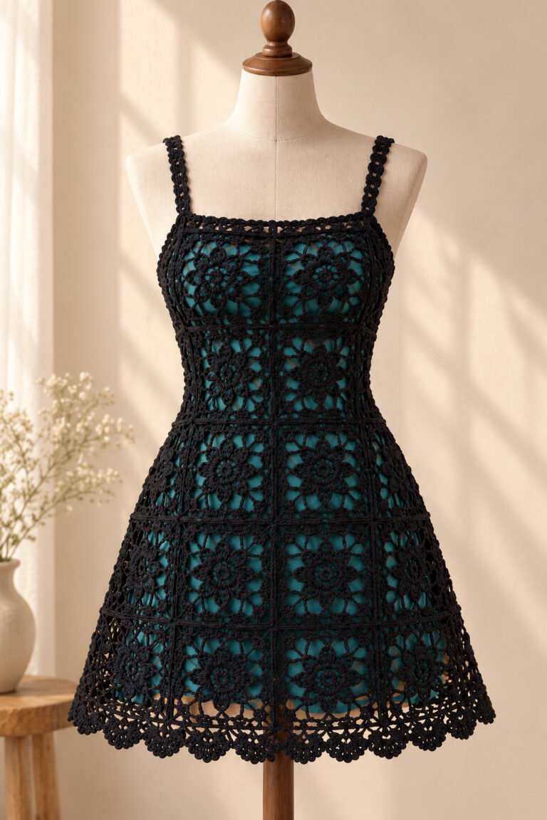 Finished black floral lace granny square mini dress with narrow straps and a teal slip on a dress form