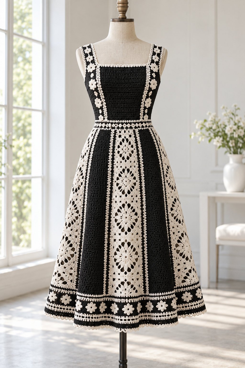 Black and ivory crochet dress with a fitted bodice, white lace panels, flower details, and a flared midi skirt on a dress form