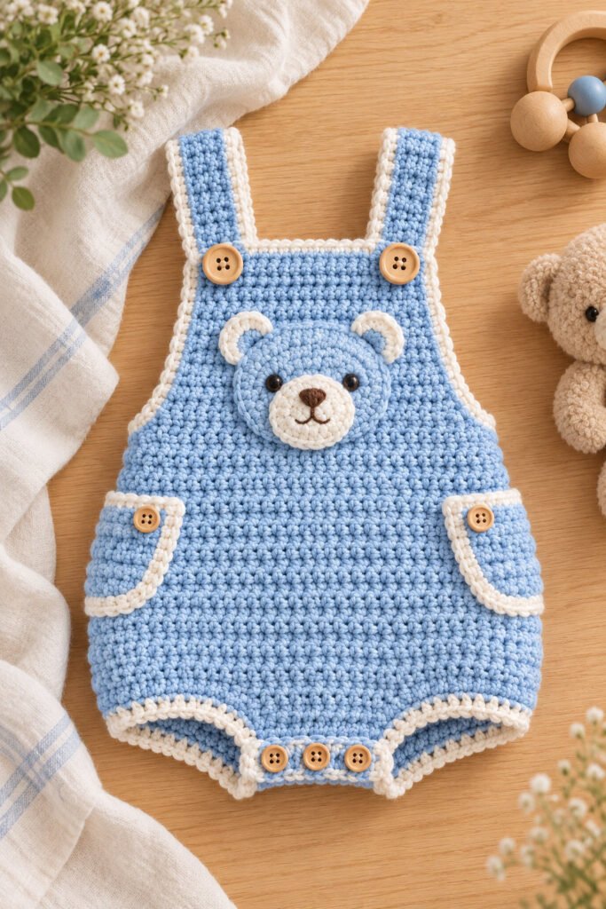Blue bear pocket crochet romper in powder blue with cream trim, teddy bib, front pockets, and tan buttons