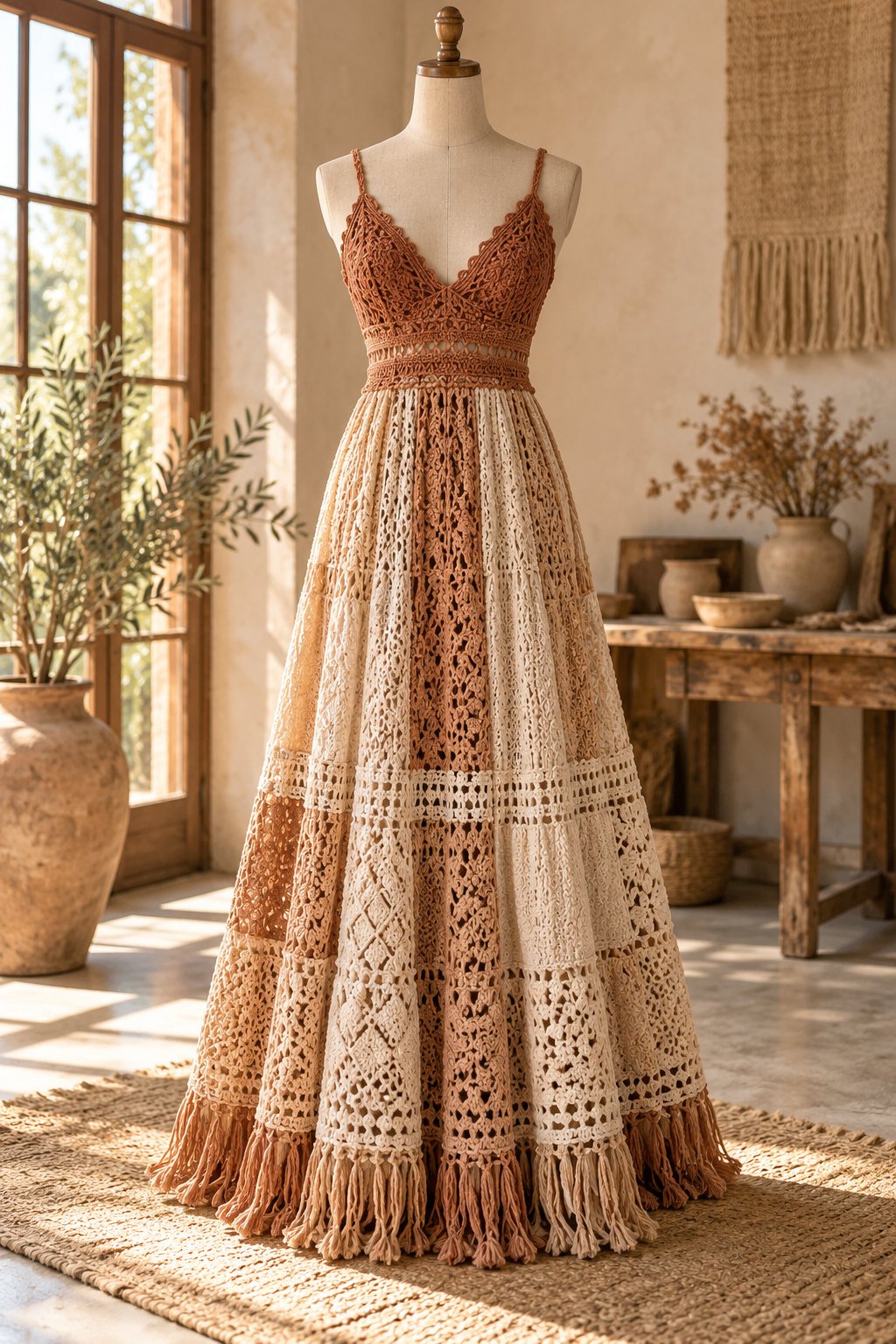 Earthy terracotta and cream crochet maxi dress with a fitted upper section, flowing skirt, and subtle fringe on a mannequin