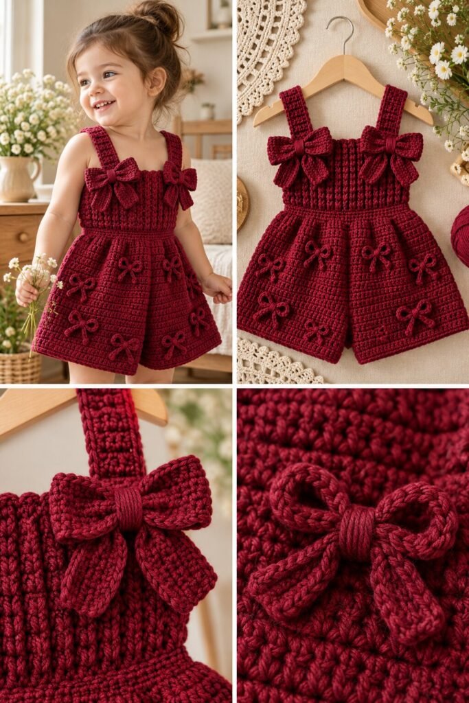 Crochet Baby Dress Pattern Burgundy Bow Romper Dress