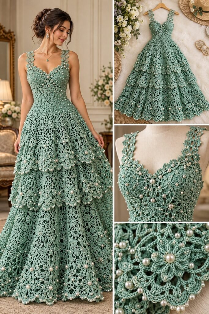 Sea Green Pearl Cascade Crochet Gown Pattern