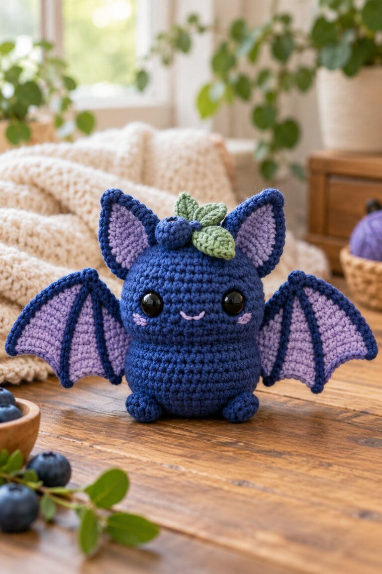 Original deep blue crochet blueberry bat plush with lilac ribbed wings, glossy eyes, and mint leaf accents on a cozy wooden table