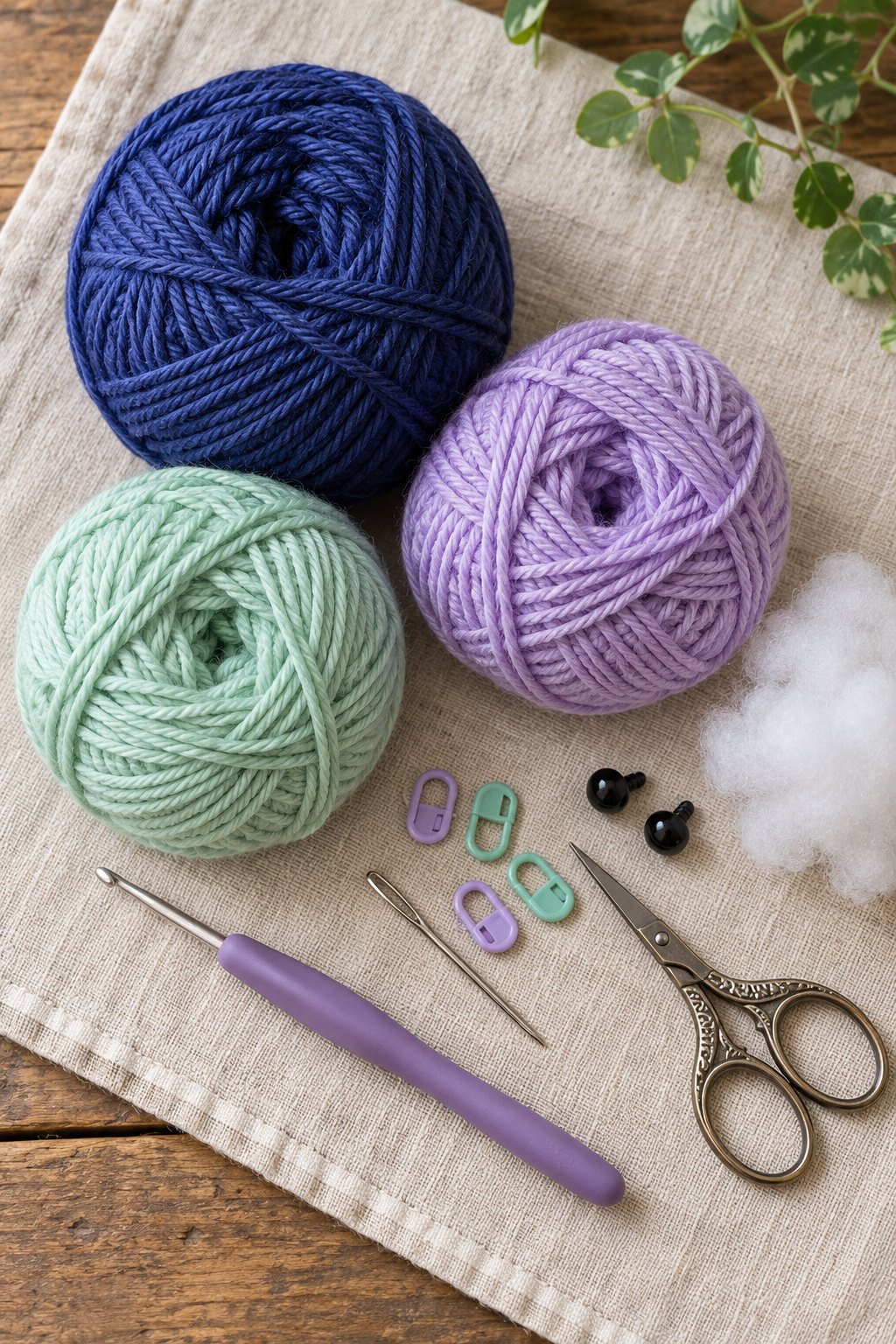 Blue, lilac, and mint yarn with a crochet hook, scissors, yarn needle, stitch markers, stuffing, and safety eyes arranged for a bat amigurumi