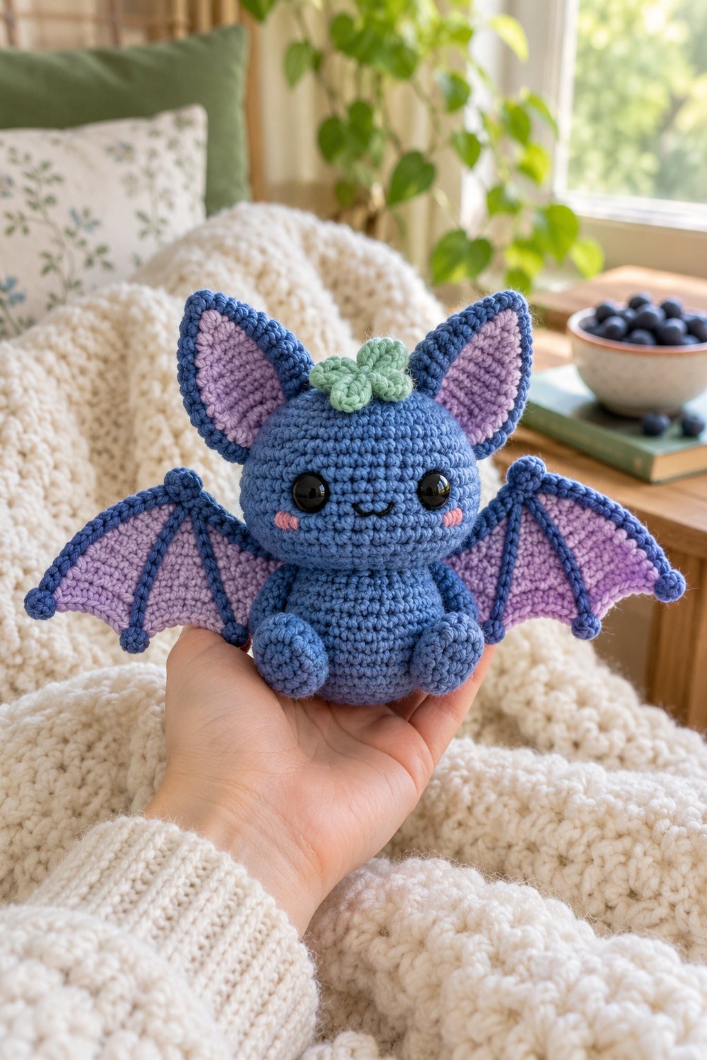Finished blueberry blue crochet bat plush held in a hand with lilac wings, mint accents, and a cozy window-side setting