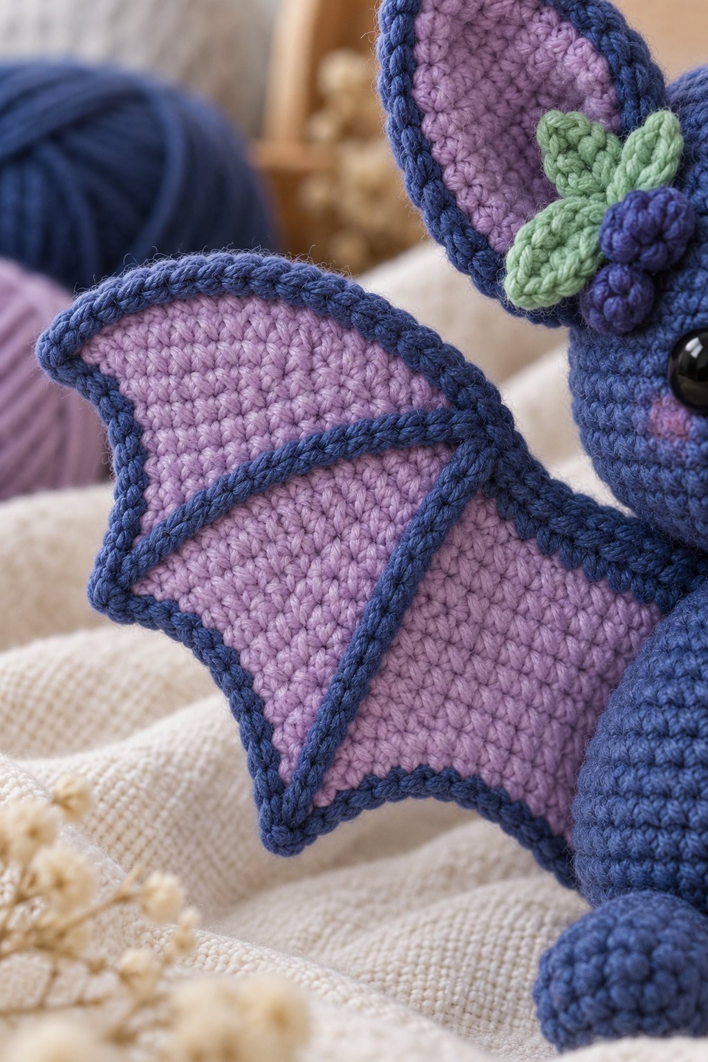 Close-up of a lilac crochet bat wing with a dark blue border and raised ribbing beside the blue amigurumi body