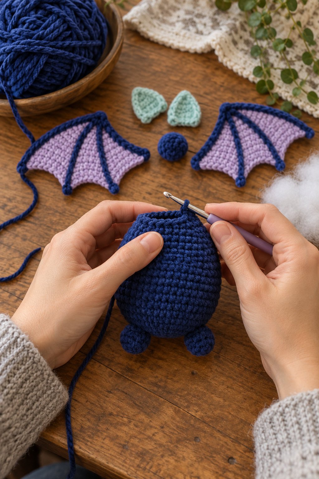 Hands crocheting a deep blue bat amigurumi body with separate lilac wings and mint details nearby