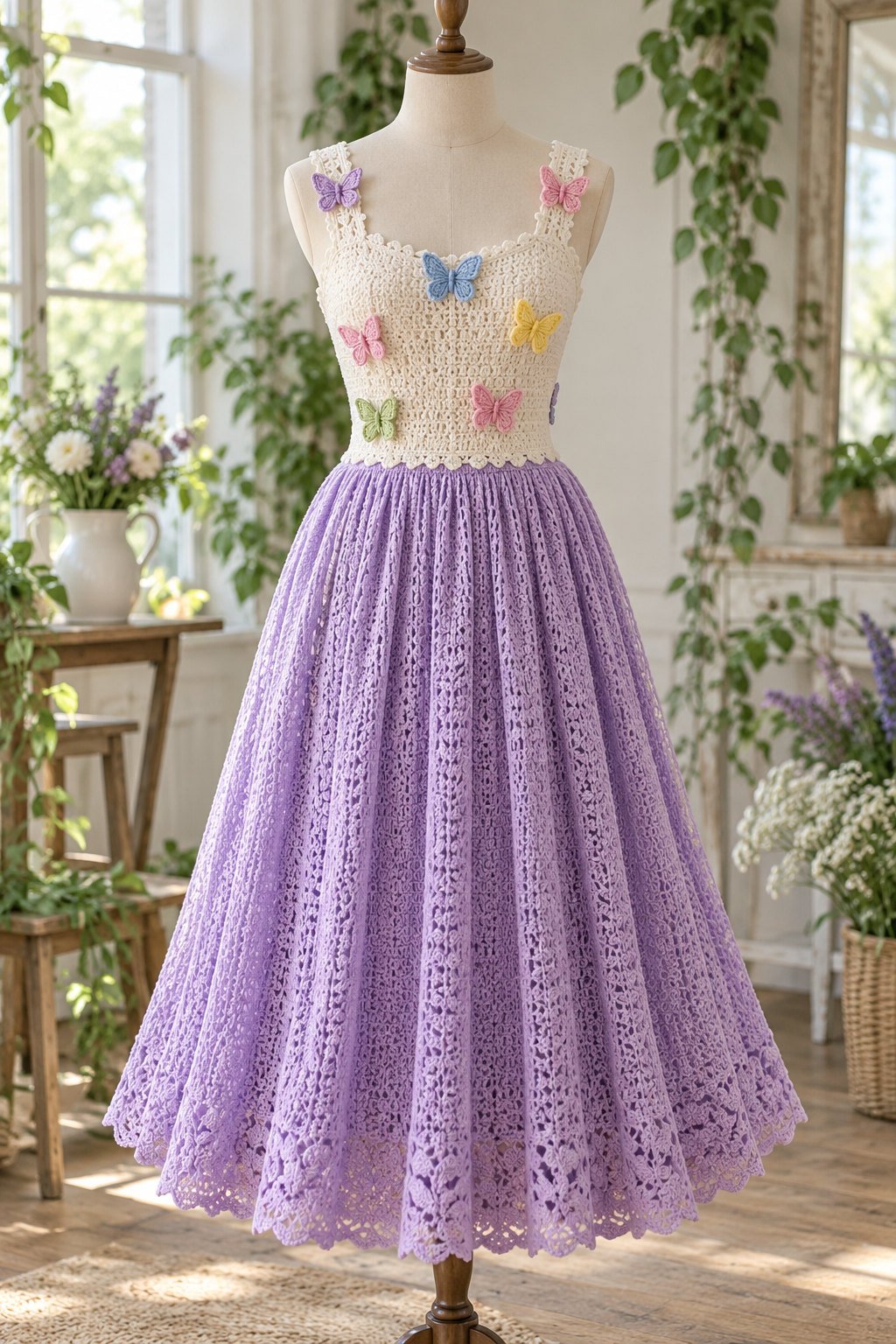 Cream crochet dress with colorful butterfly appliques on the bodice and a lavender flared skirt on a dress form