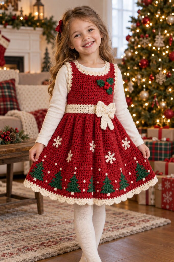 Young child wearing a red sleeveless crochet Christmas dress with cream scalloped trim, a cream waist bow, holly on the bodice, and snowflake and Christmas tree motifs on the skirt