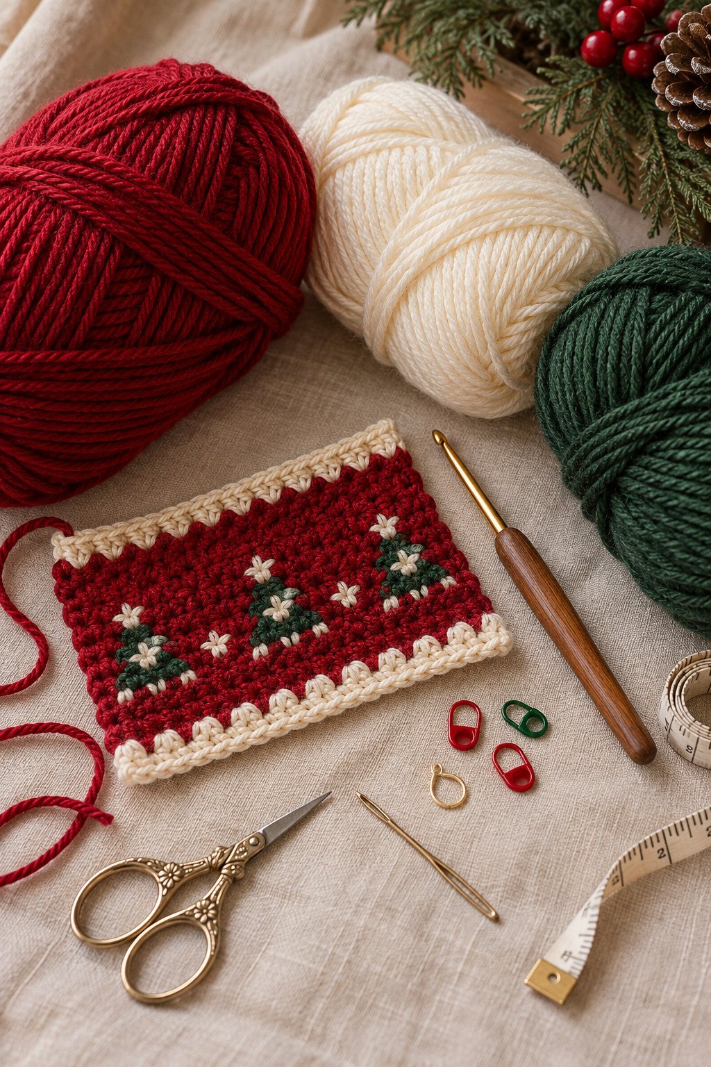 Materials and tools for a crochet Christmas dress: red, cream, and evergreen yarn, crochet hook, scissors, needle, stitch markers, and a festive swatch