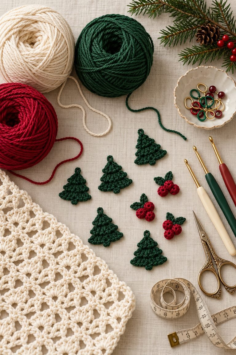 Cream, evergreen, and red yarn, hooks, and tree and berry motifs for a handmade Christmas dress.