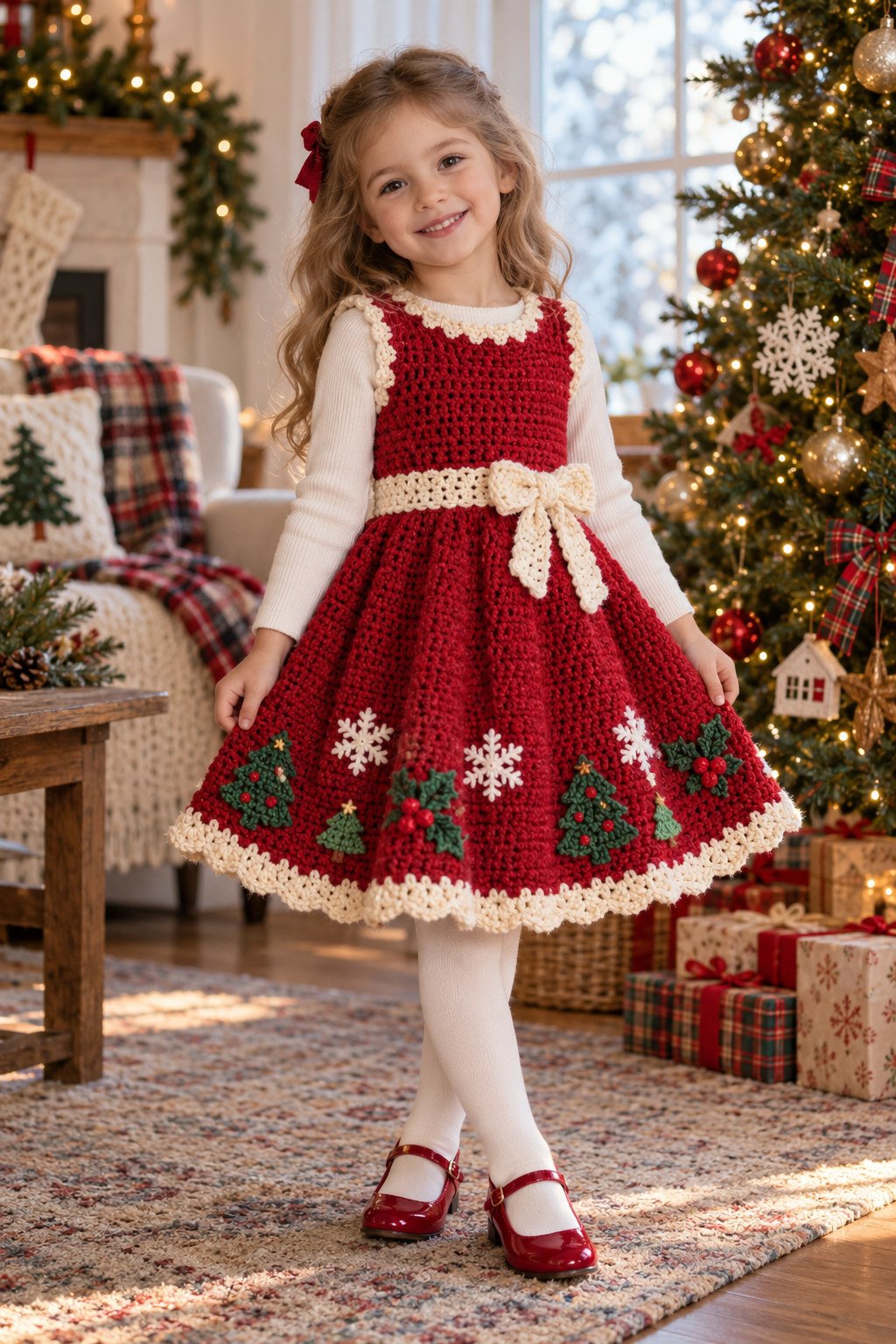 Young child in a red crochet Christmas dress with cream trim, bow, trees, holly, and snowflakes in a cozy holiday room