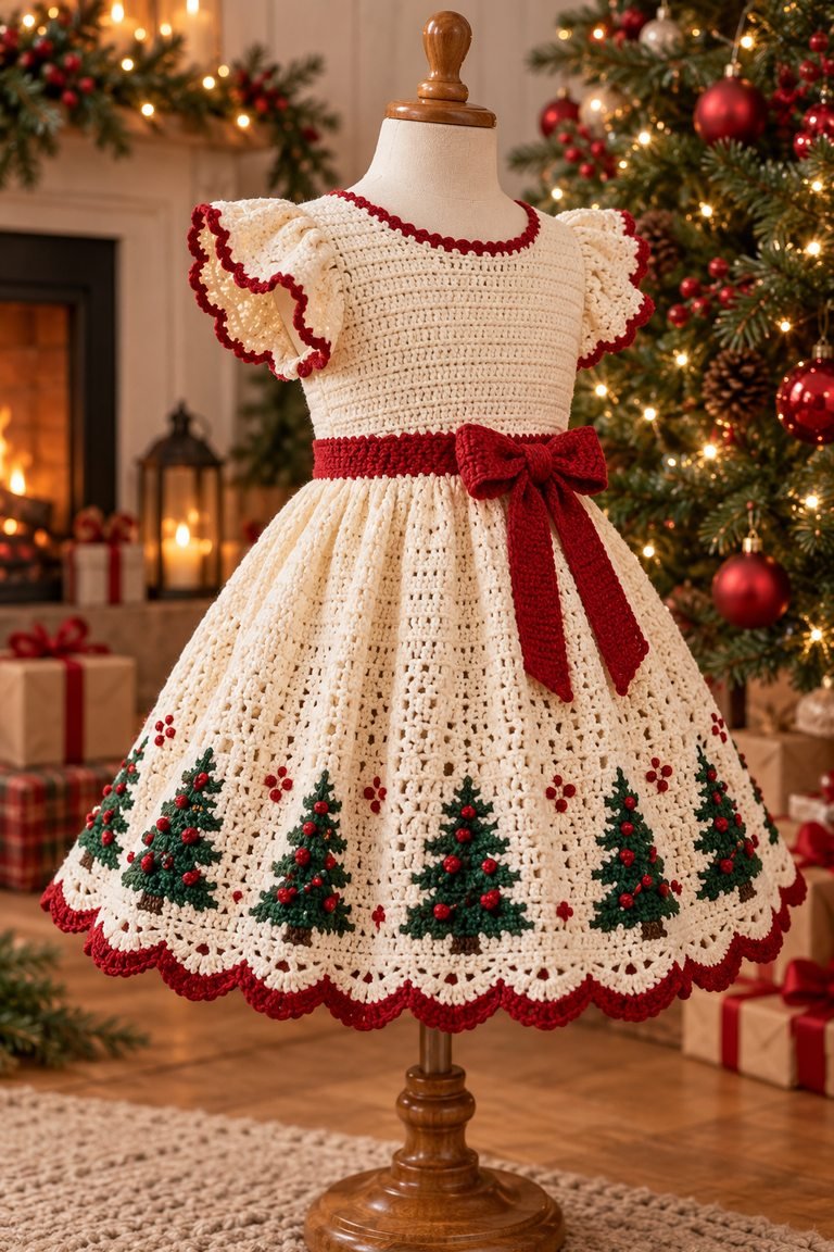 Cream handmade Christmas tree dress with green motifs and red scalloped trim displayed on a dress form in a holiday room.