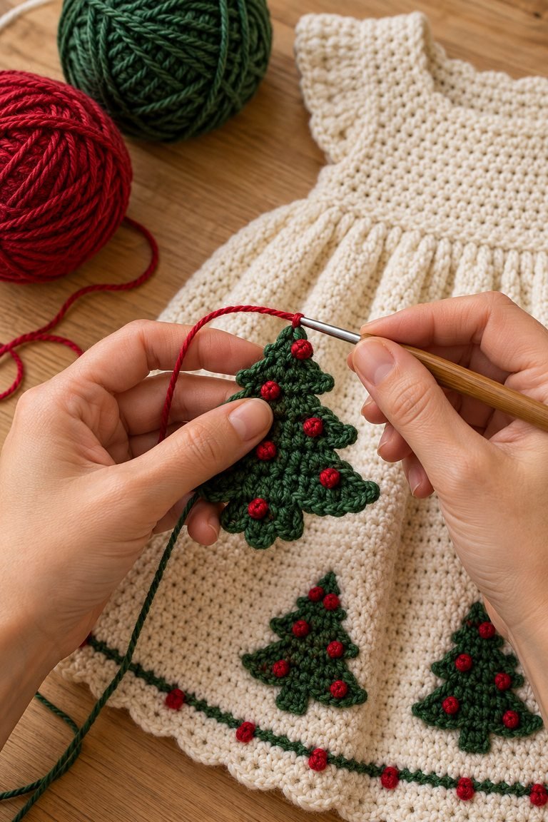 Hands crocheting a green Christmas tree applique onto cream dress fabric with red yarn accents.
