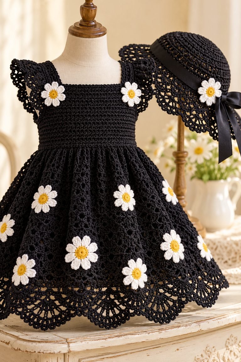 Close view of crochet daisies, the textured black dress, scalloped lace hem, and matching hat.