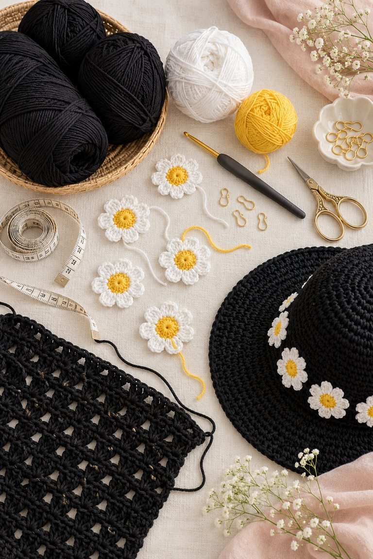 Black, white, and yellow yarn, crochet hook, flower motifs, and a swatch for the matching dress and hat set.