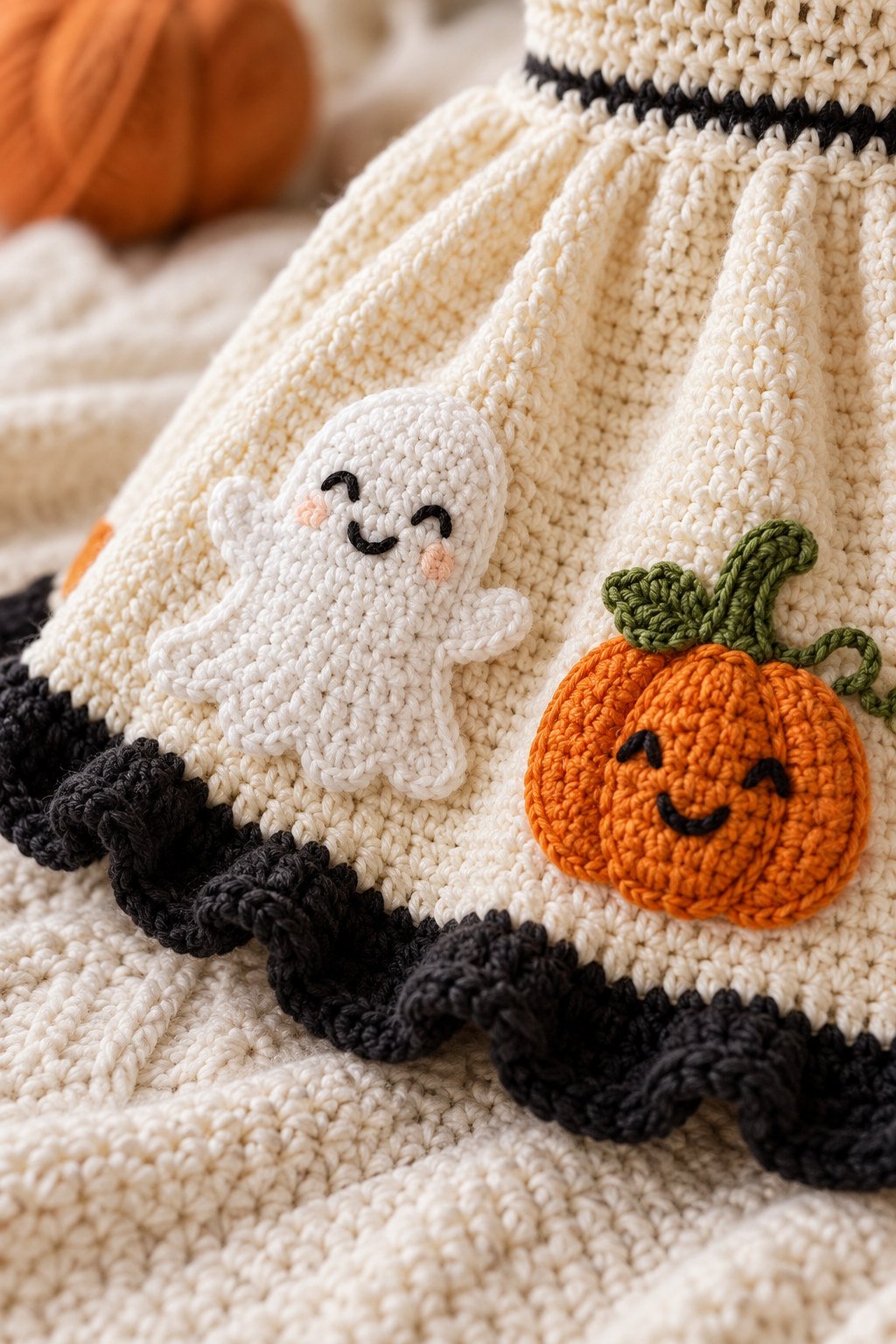 Close-up of crochet ghost and pumpkin appliques with embroidered faces and textured black scalloped edging on cream crochet fabric