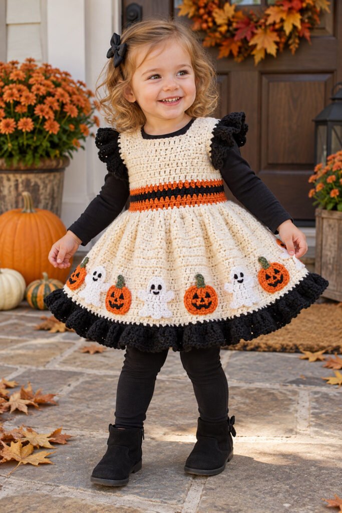 Cream crochet Halloween baby dress with ghost and pumpkin appliques, orange-and-black waist stripes, ruffled sleeves, and a black ruffled hem