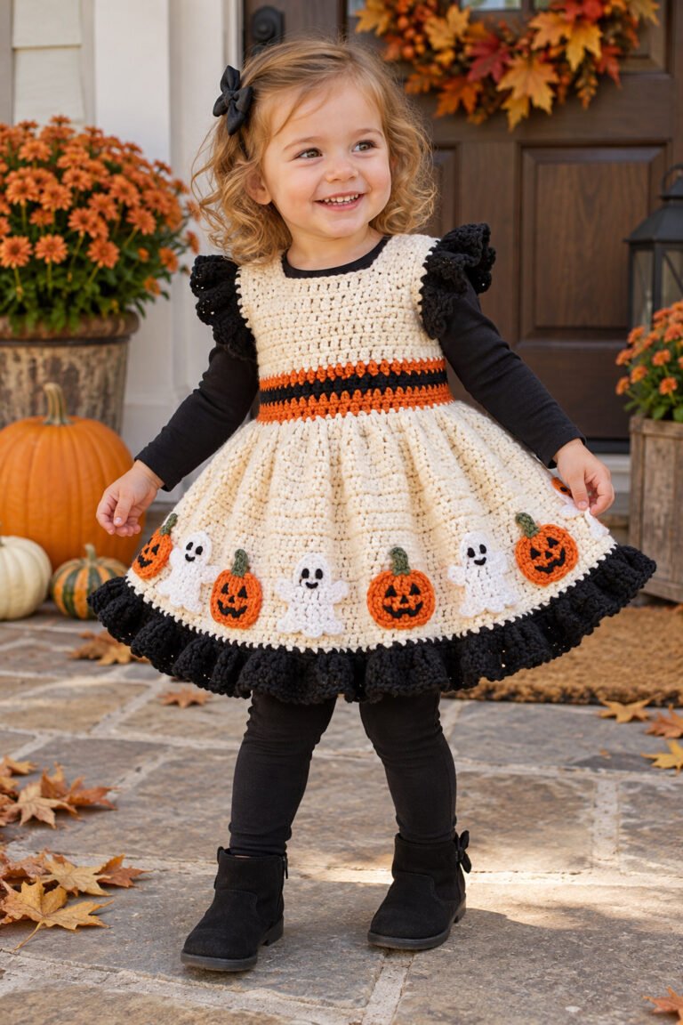 Cream crochet Halloween baby dress with ghost and pumpkin appliques, orange-and-black waist stripes, ruffled sleeves, and a black ruffled hem