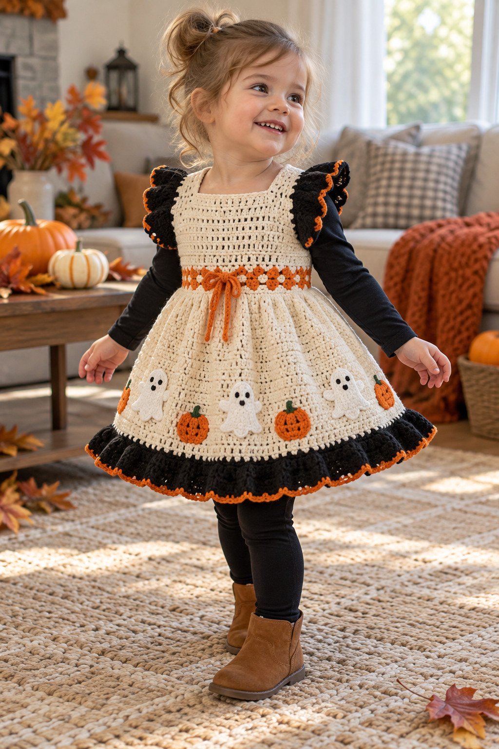 Finished cream crochet Halloween baby dress with ghost and pumpkin motifs styled on a child-friendly autumn display