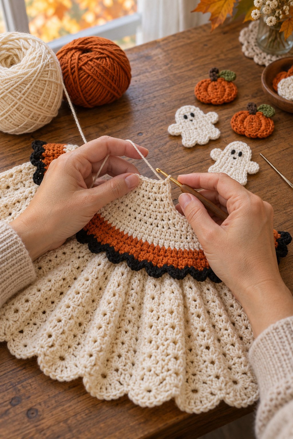 Hands crocheting the cream bodice of a Halloween baby dress beside orange and black yarn and a crochet hook