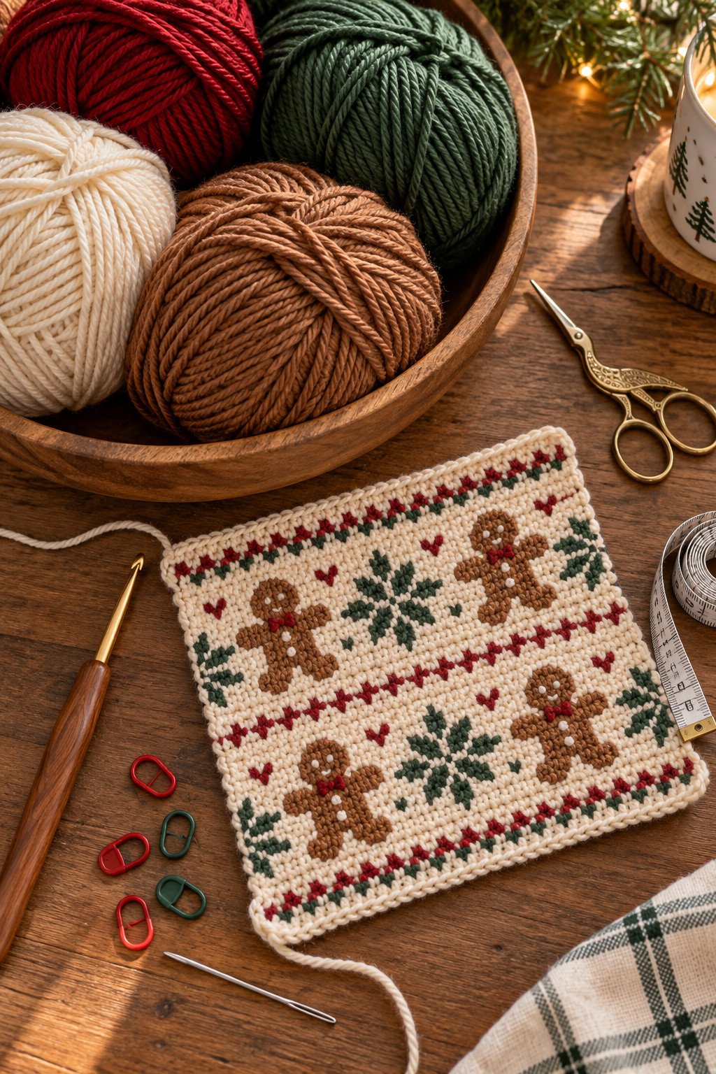 Red, forest-green, cream, and brown yarn with crochet hooks, scissors, measuring tape, tapestry needle, stitch markers, and a small gingerbread colorwork swatch