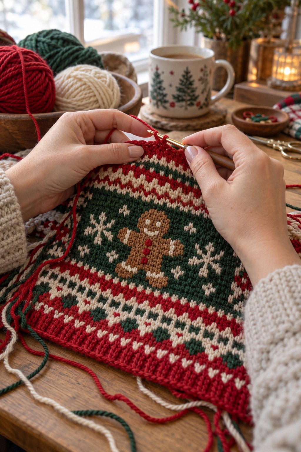 Hands crocheting an unfinished red, green, and cream colorwork panel with a gingerbread motif forming