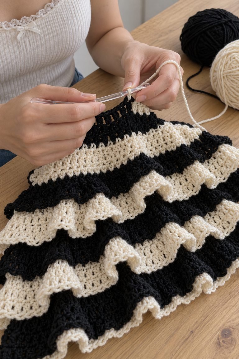 Hands crocheting a black-and-ivory striped ruffle panel for a mini dress.