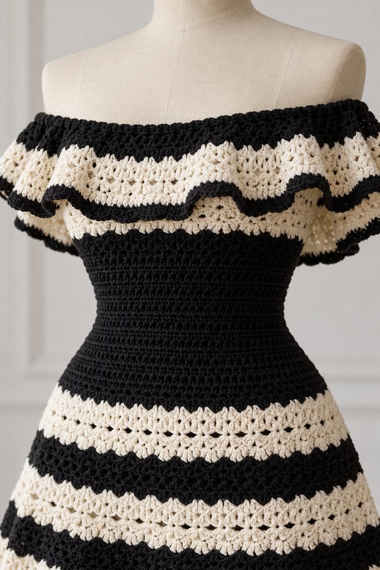 Close detail of the striped crochet ruffle and fitted black waist of a mini dress.