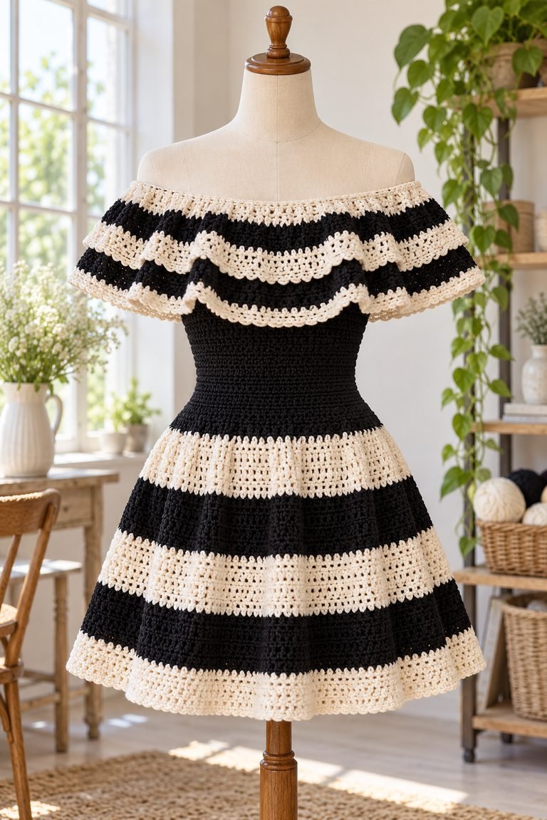 Full black-and-ivory striped crochet mini dress on a dress form, featuring an off-shoulder ruffle and fitted waist.