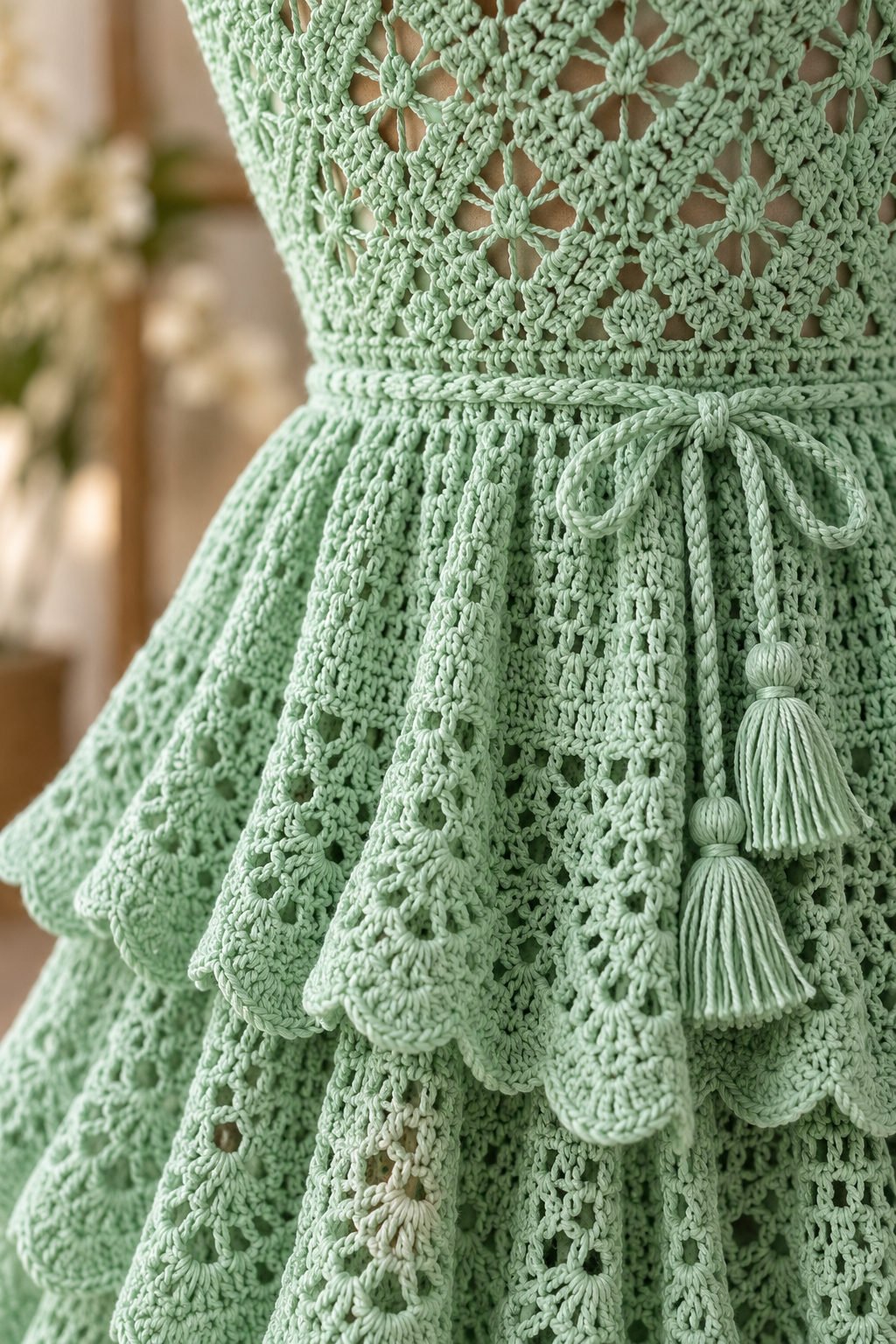 Close-up of mint crochet dress lace texture, scalloped ruffle tiers, waist tie, and matching yarn tassels