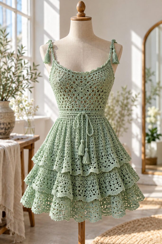 Mint green bohemian crochet dress on a dress form with a lace bodice, tassel straps, waist tie, and layered scalloped ruffles