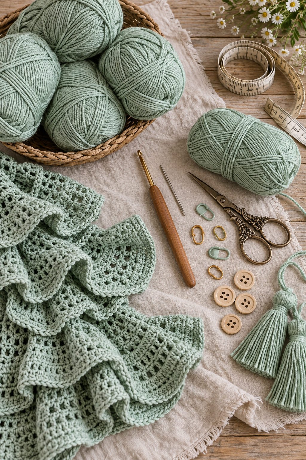 Mint green cotton yarn, crochet hook, scissors, tapestry needle, stitch markers, measuring tape, buttons, and tassels for a crochet dress