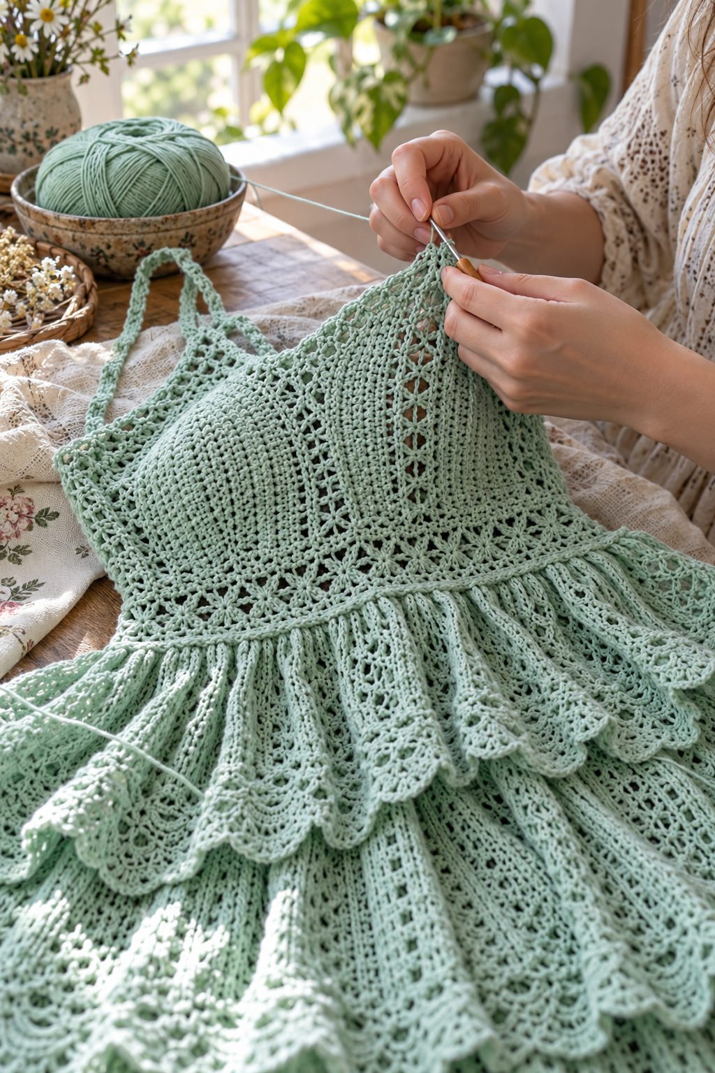 Hands crocheting a mint lace bodice and first scalloped ruffle tier for a bohemian dress