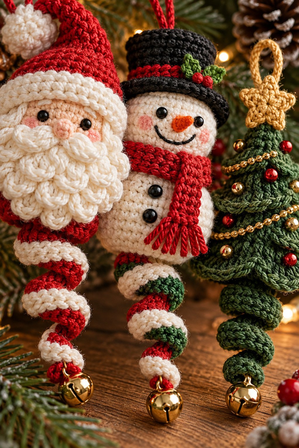 Close-up of crochet Santa, snowman, and tree ornament details with textured yarn, spiral tails, and attached bells