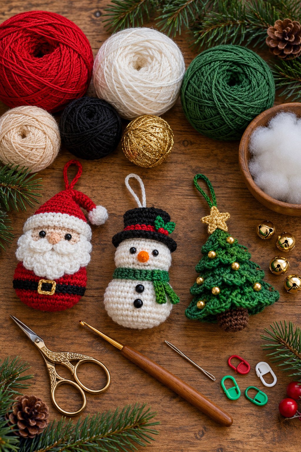 Crochet ornament supplies in red, green, white, cream, black, and gold yarn with a hook, scissors, yarn needle, stuffing, and optional bells