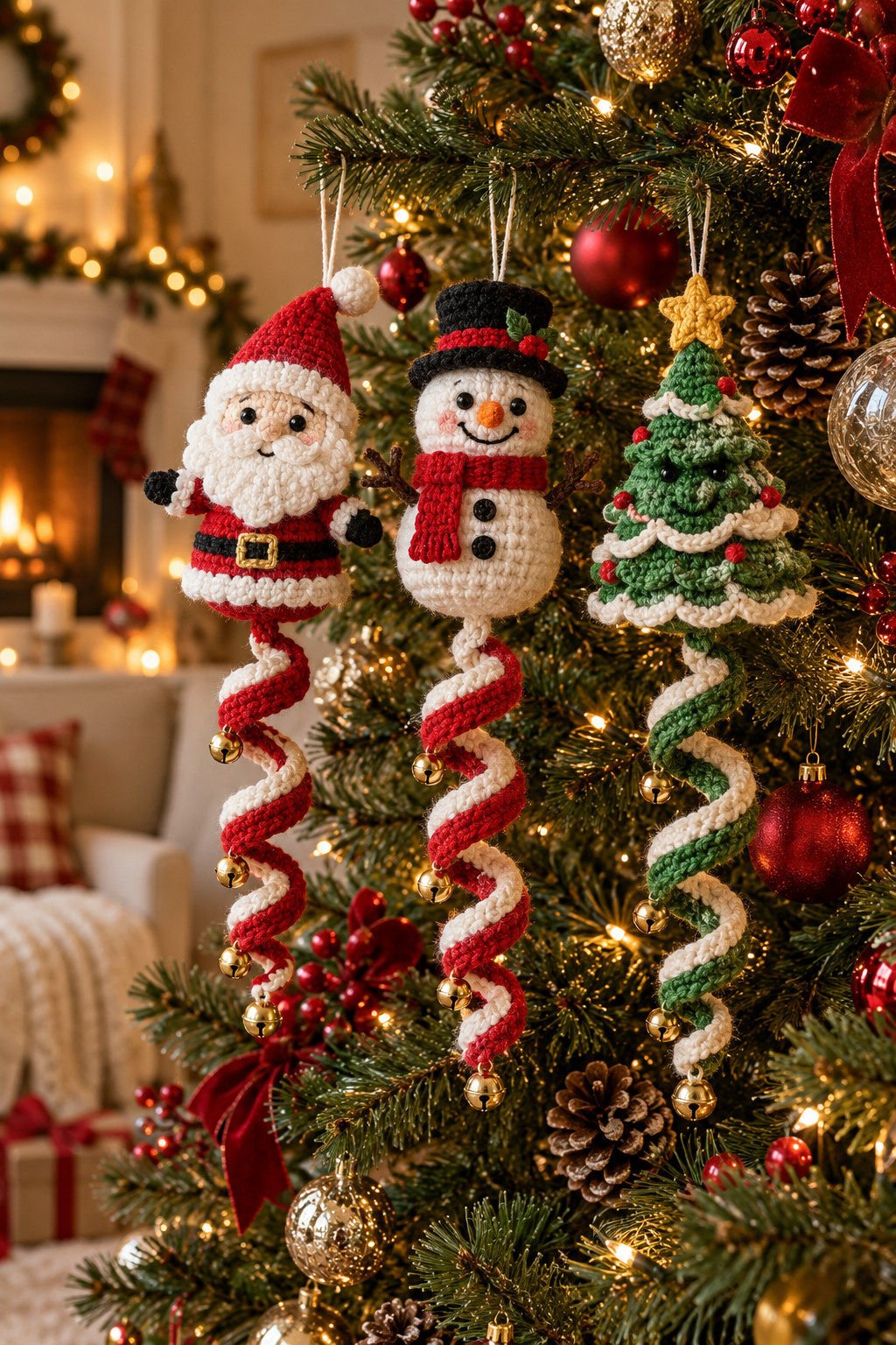 Crochet Santa, snowman, and Christmas tree ornaments with spiral tails displayed on a decorated Christmas tree