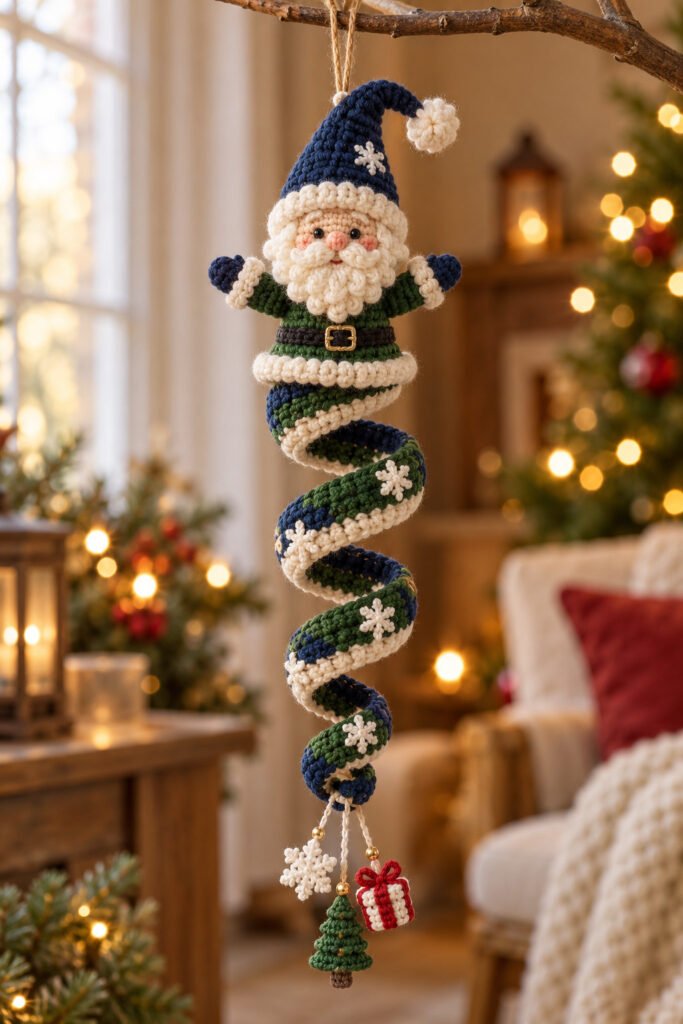 Original crocheted Santa wind spinner ornament with a curled navy, evergreen, and cream spiral hanging in a cozy Christmas room