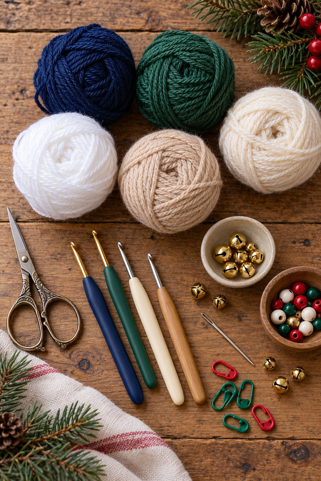 Navy, evergreen, cream, and tan yarn with crochet hooks, scissors, yarn needle, stitch markers, beads, and small bells arranged for a Santa wind spinner ornament