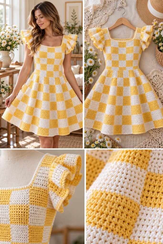 Sunny Yellow Checkered Crochet Dress Free Crochet Pattern