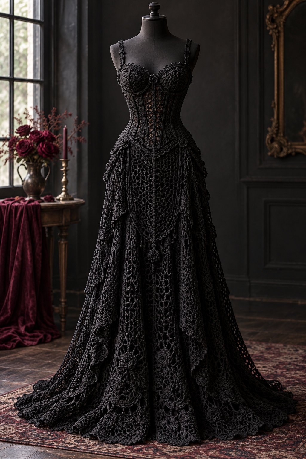 Black lace-inspired crochet dress with a defined fitted waist and dramatic flared skirt on a dark dress form