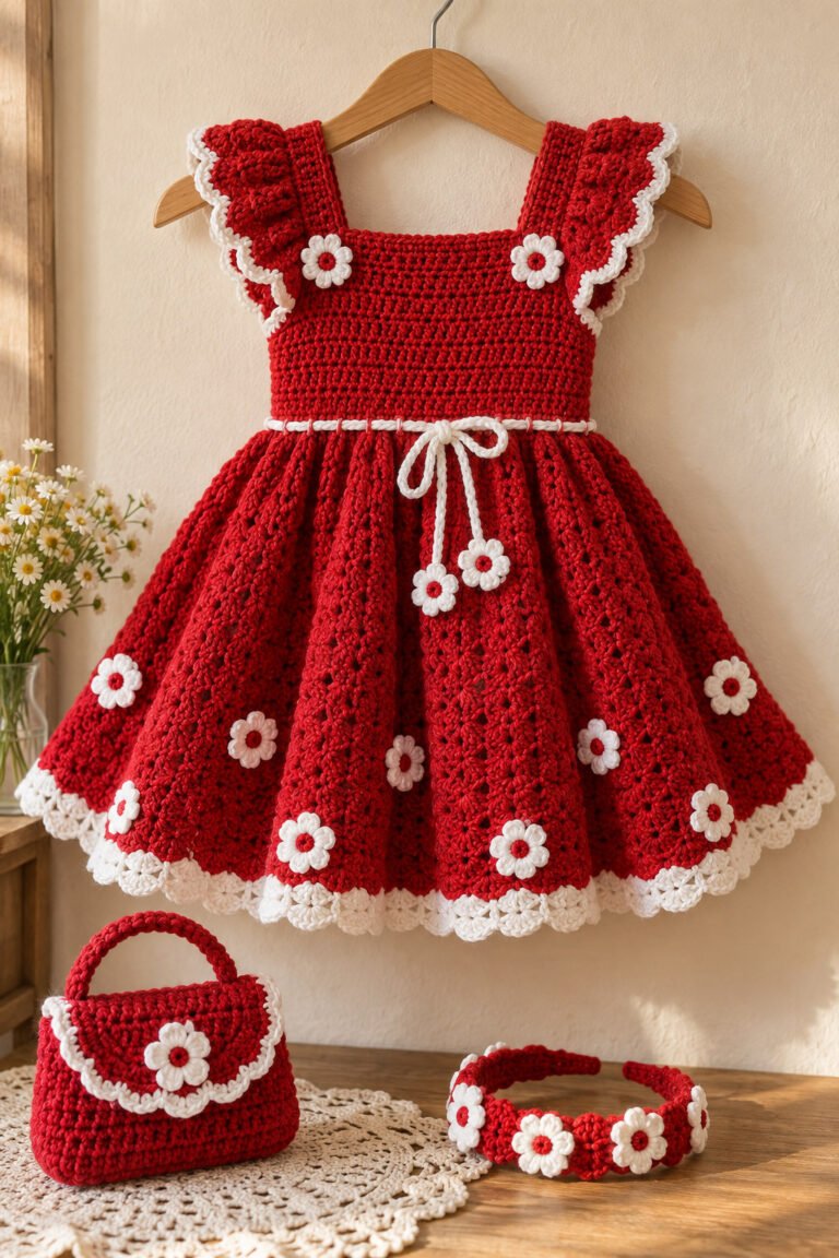 Red handmade crochet dress for girls on a hanger, with white daisy appliqués, ruffled shoulder straps, scalloped hem trim, and a white waist tie