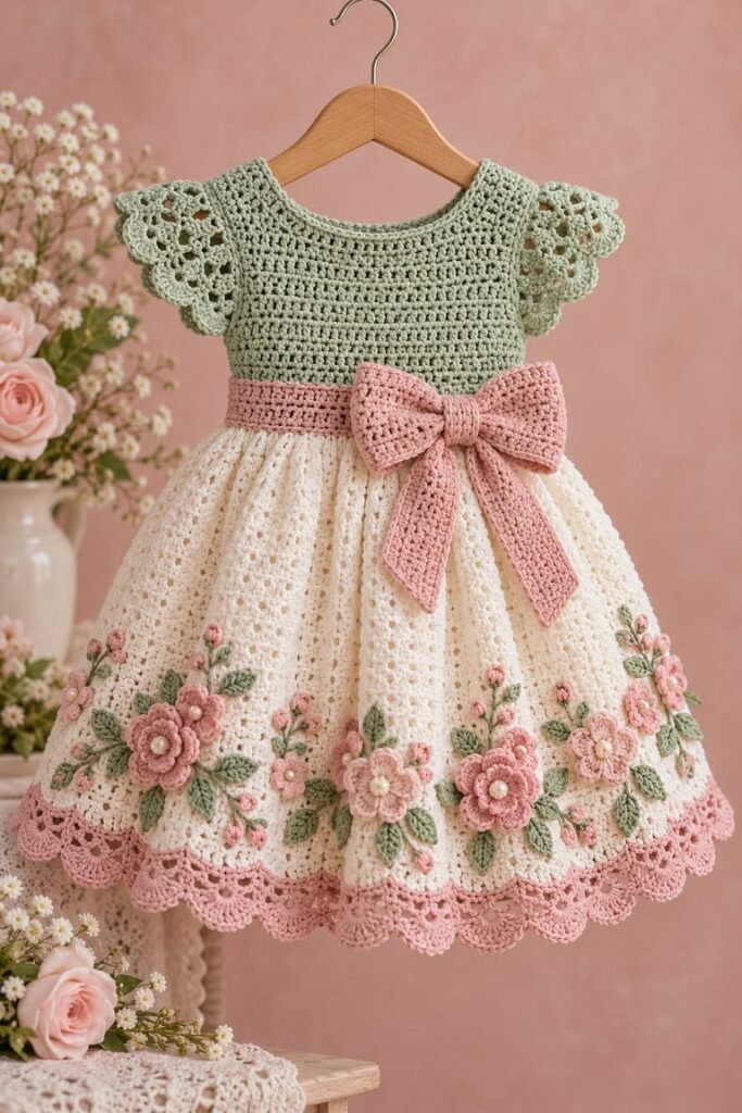 Mint crochet dress with ivory skirt, pink bow, flower appliques, and scalloped hem on a hanger.