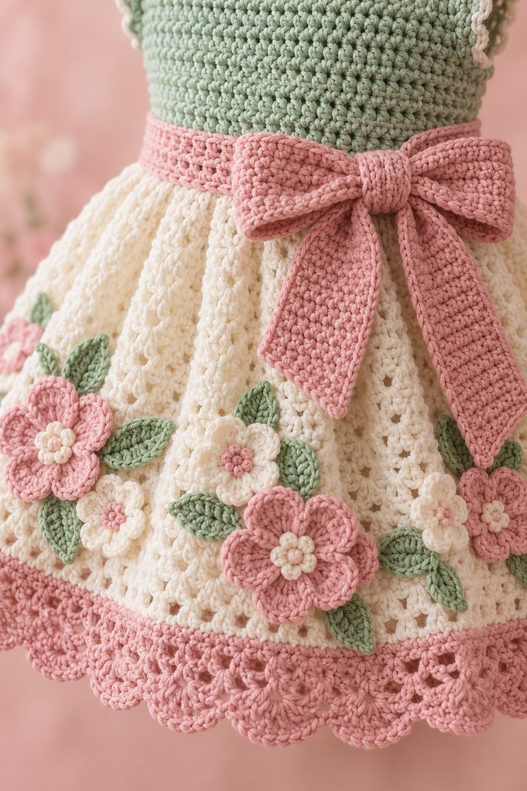 Close detail of the pink waist bow, crochet blossoms, and scalloped border on the dress.