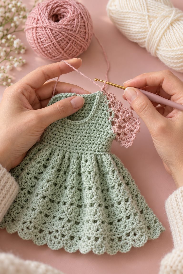 Hands crocheting the mint bodice and skirt of a floral crochet dress.