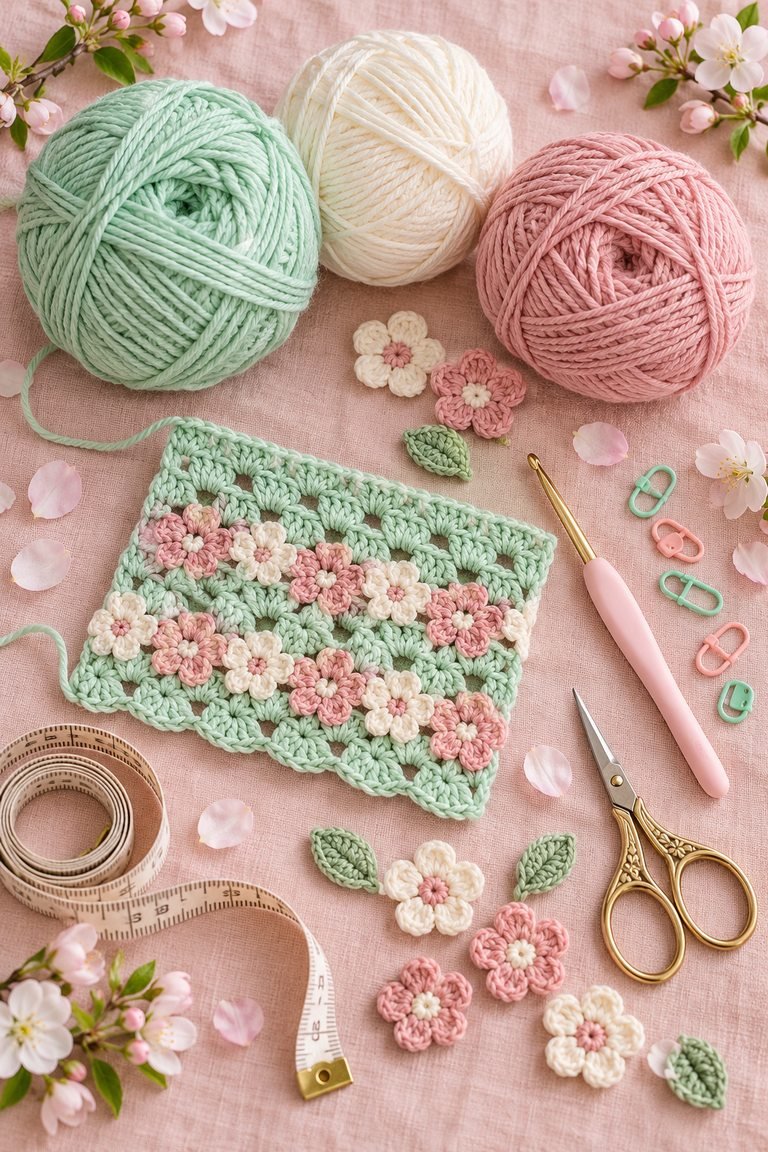 Mint, ivory, and dusty pink yarn, crochet tools, flower motifs, and a swatch for the dress.