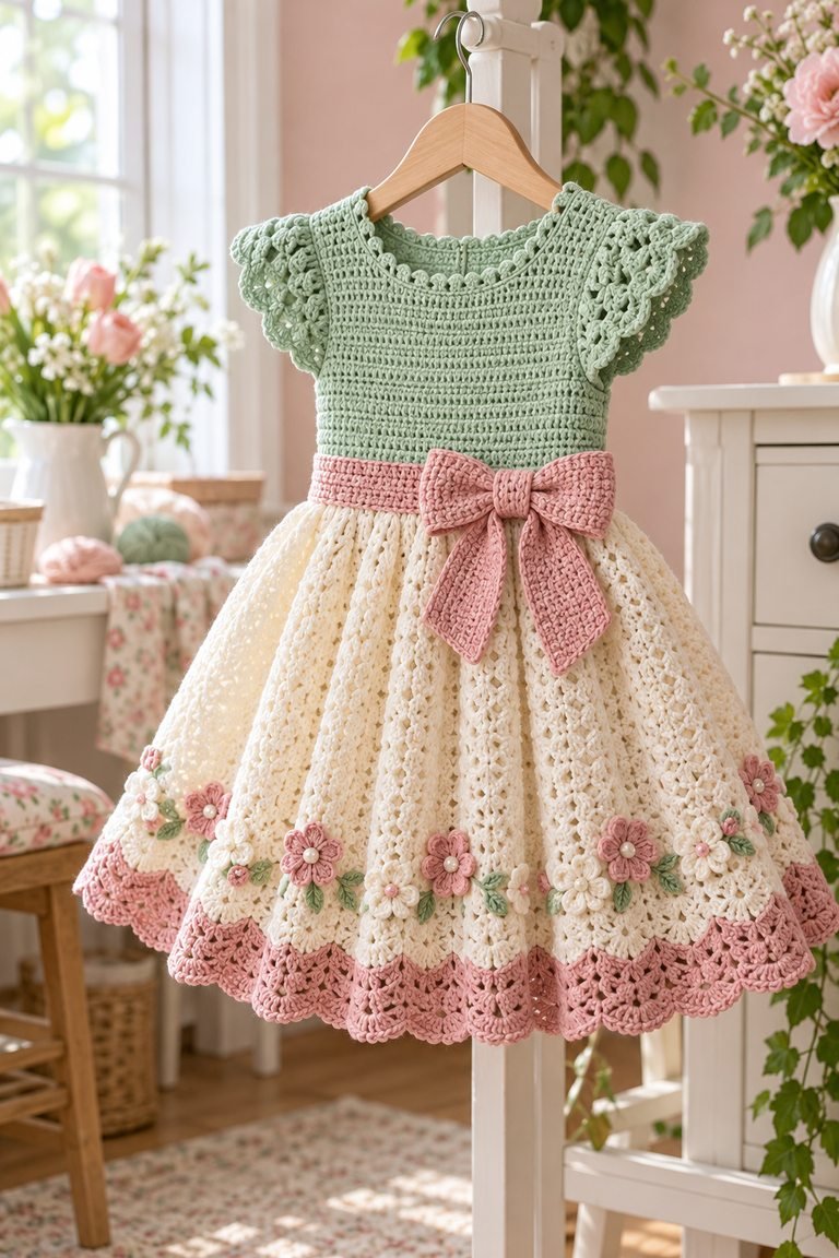 Full handmade mint and ivory crochet dress with pink bow and floral hem in a bright sewing room.